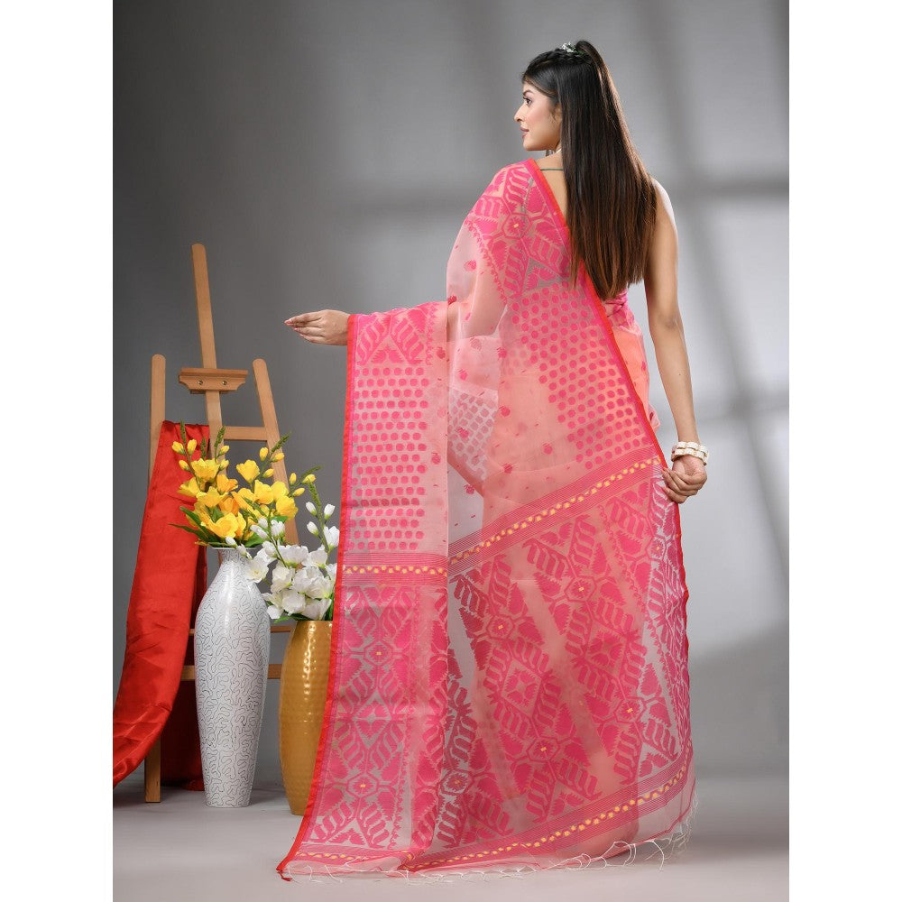 CHARUKRITI Peach Muslin Soft Jamdani Design Saree with Unstitched Blouse