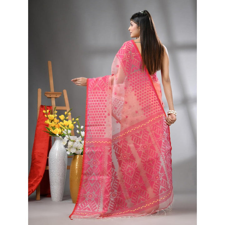 CHARUKRITI Peach Muslin Soft Jamdani Design Saree with Unstitched Blouse