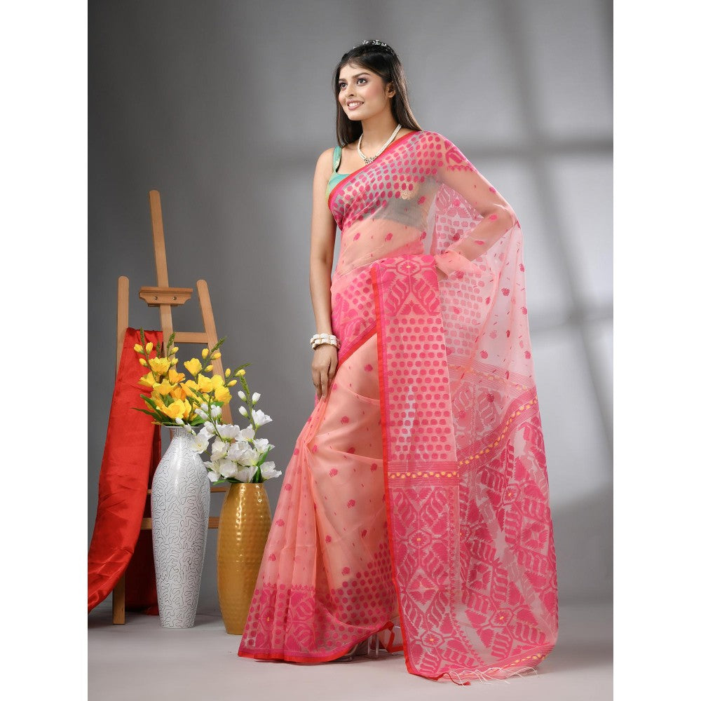 CHARUKRITI Peach Muslin Soft Jamdani Design Saree with Unstitched Blouse