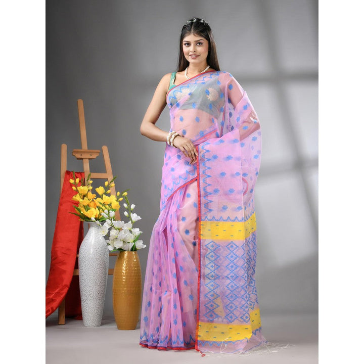 CHARUKRITI Pink Muslin Soft Jamdani Design Saree with Unstitched Blouse