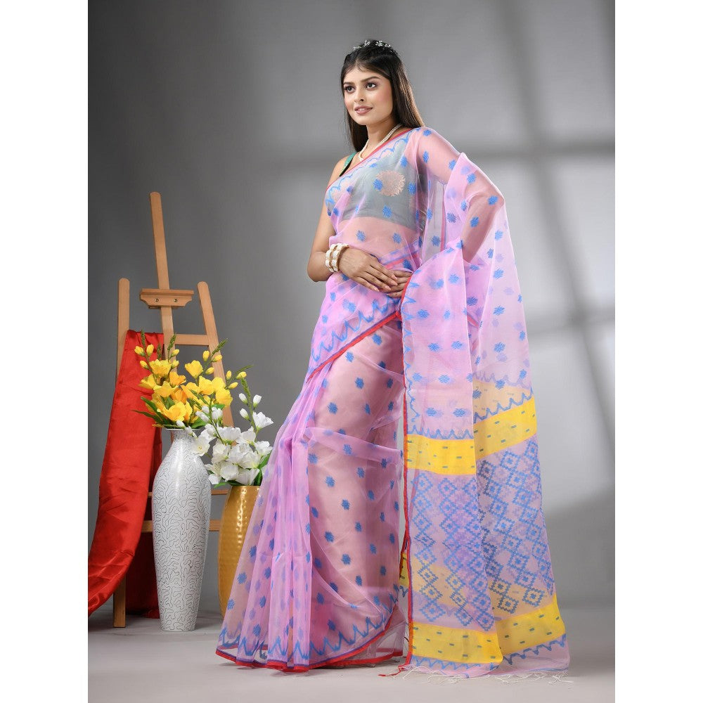 CHARUKRITI Pink Muslin Soft Jamdani Design Saree with Unstitched Blouse