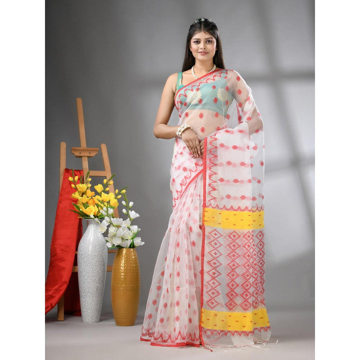 CHARUKRITI White Muslin Soft Jamdani Design Saree with Unstitched Blouse