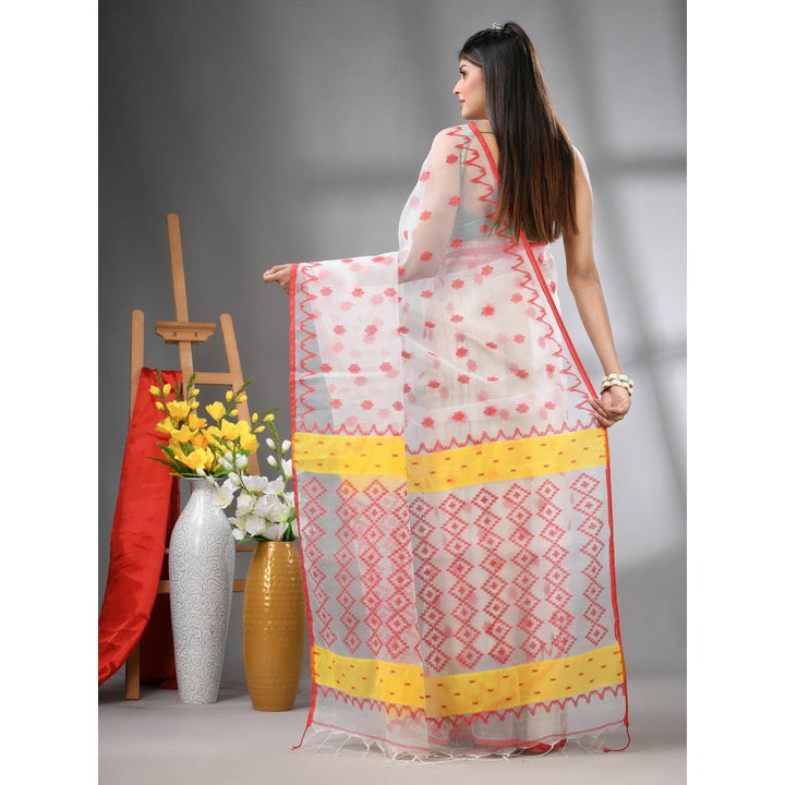 CHARUKRITI White Muslin Soft Jamdani Design Saree with Unstitched Blouse