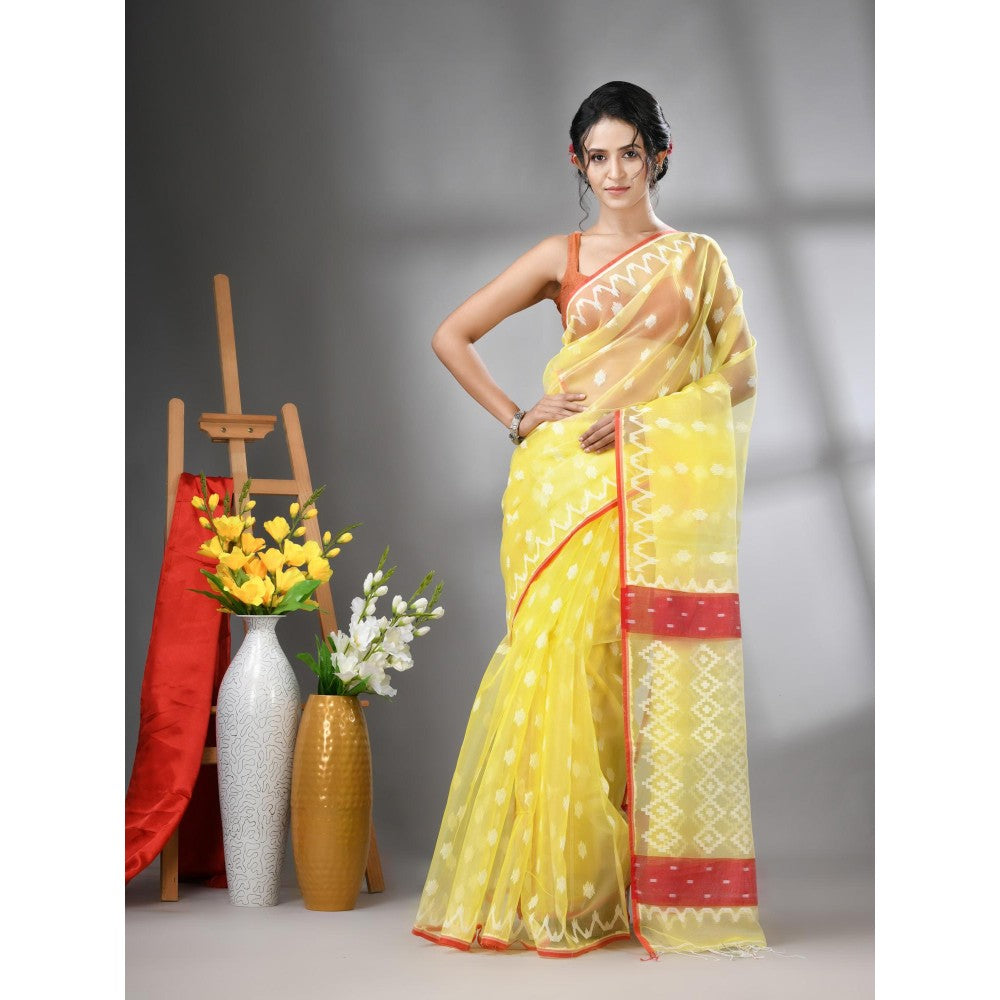 CHARUKRITI Banana Yellow Muslin Soft Jamdani Design Saree with Unstitched Blouse