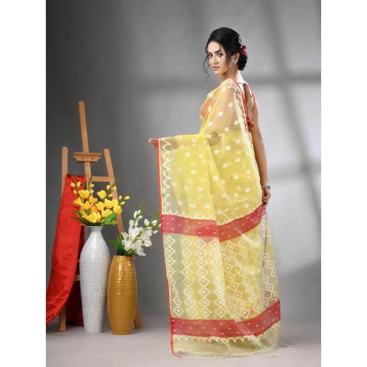 CHARUKRITI Banana Yellow Muslin Soft Jamdani Design Saree with Unstitched Blouse