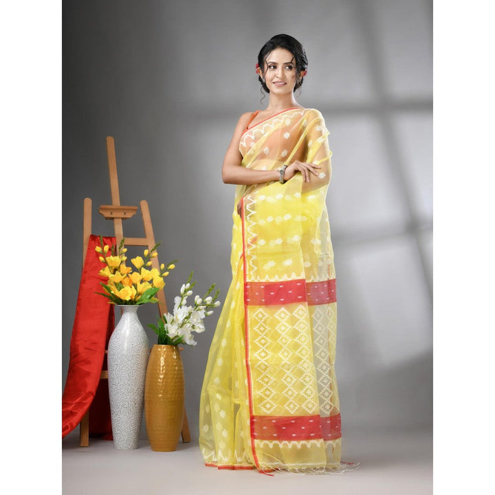 CHARUKRITI Banana Yellow Muslin Soft Jamdani Design Saree with Unstitched Blouse