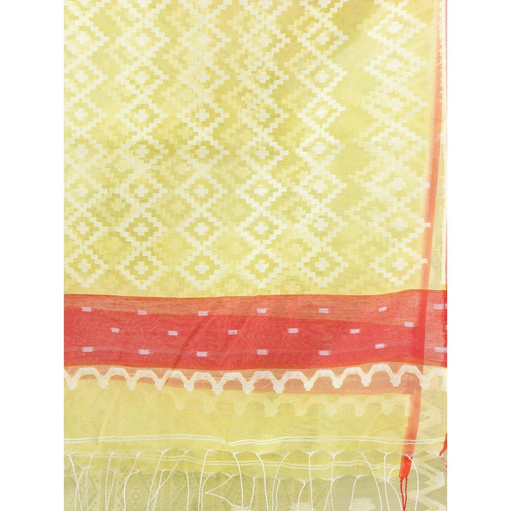 CHARUKRITI Banana Yellow Muslin Soft Jamdani Design Saree with Unstitched Blouse