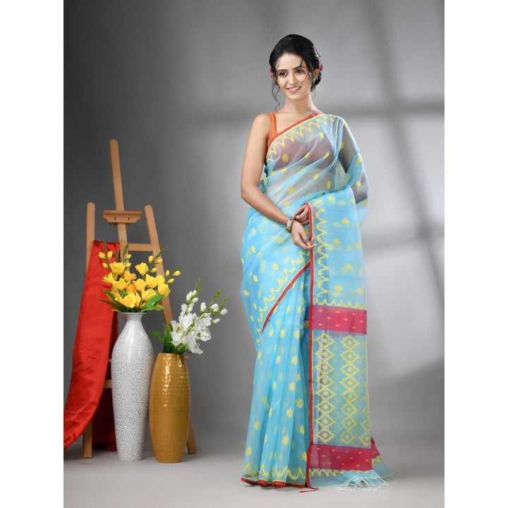 CHARUKRITI Sky Blue Muslin Soft Jamdani Design Saree with Unstitched Blouse