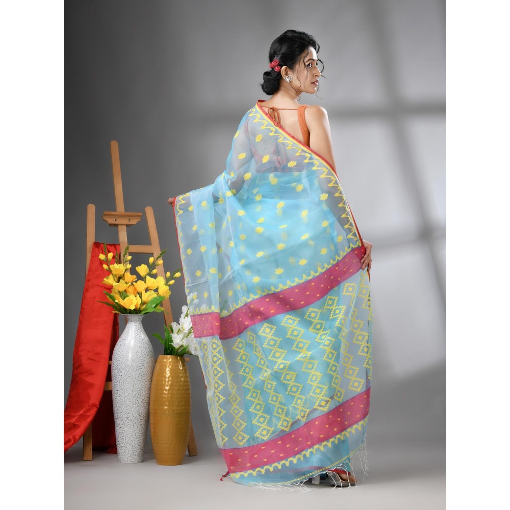 CHARUKRITI Sky Blue Muslin Soft Jamdani Design Saree with Unstitched Blouse