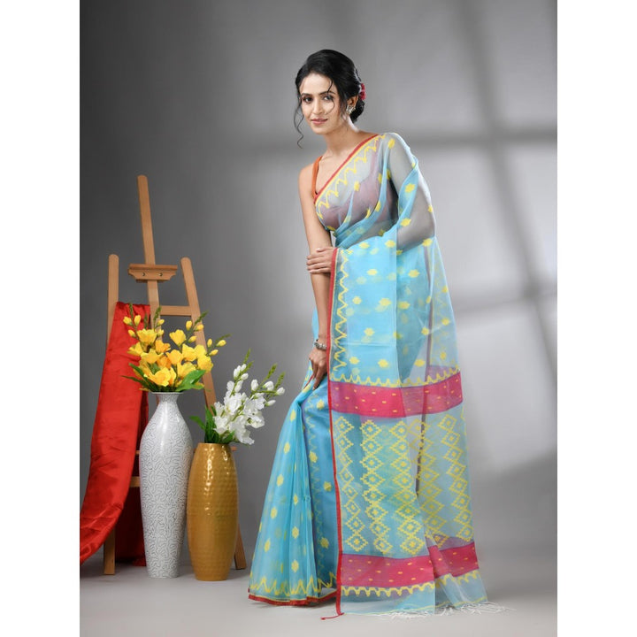 CHARUKRITI Sky Blue Muslin Soft Jamdani Design Saree with Unstitched Blouse