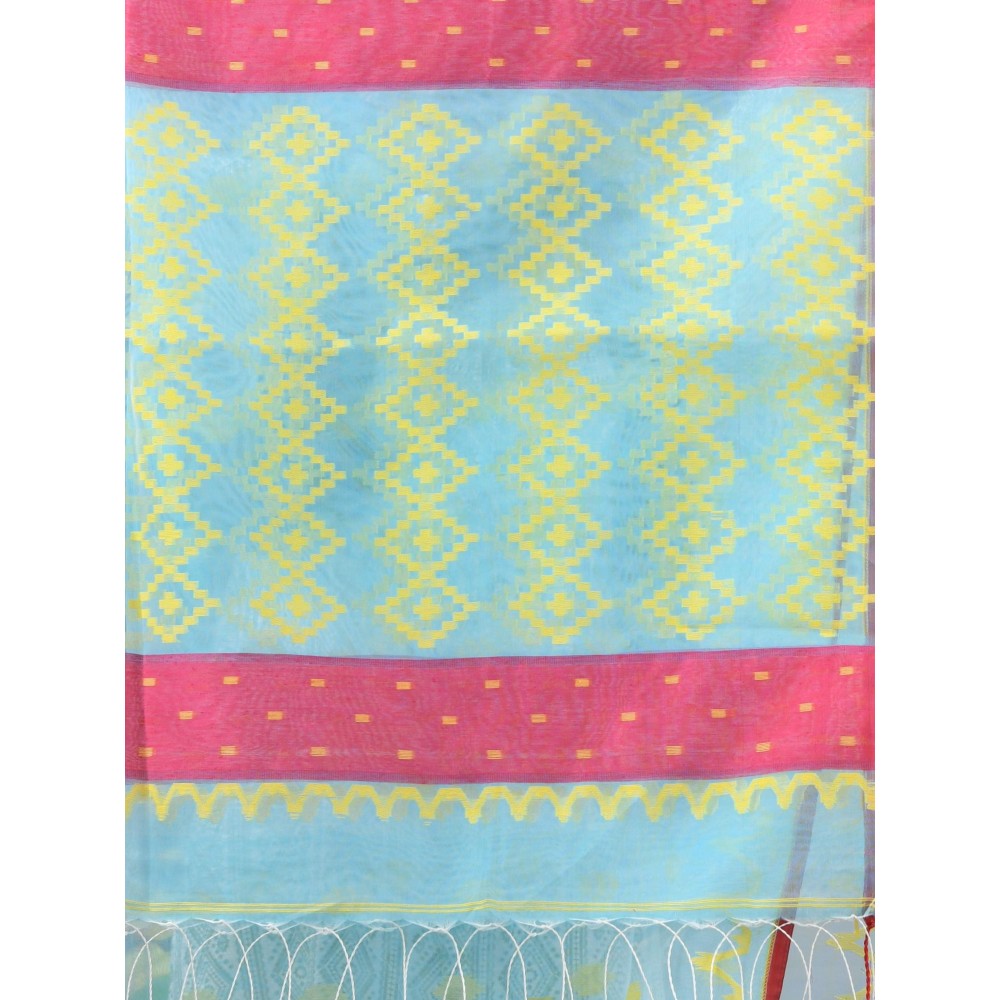 CHARUKRITI Sky Blue Muslin Soft Jamdani Design Saree with Unstitched Blouse