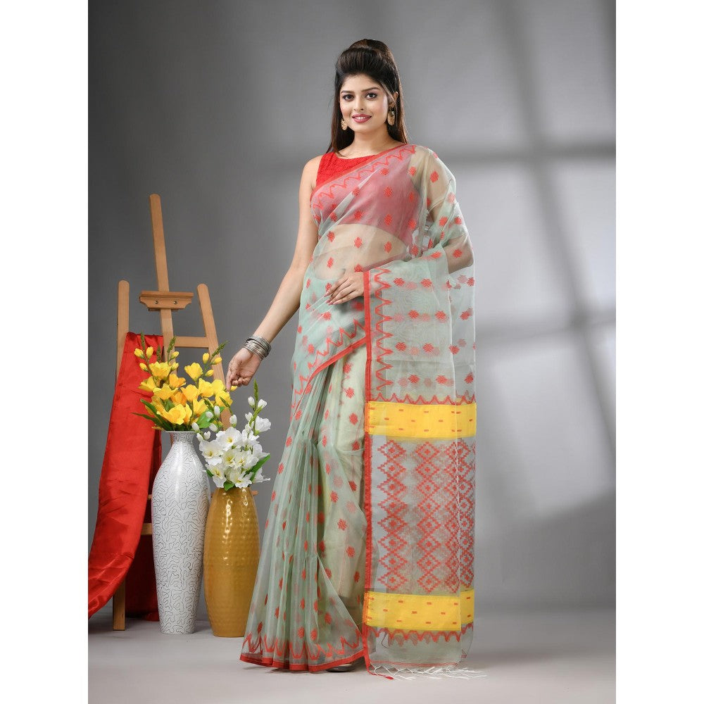 CHARUKRITI Pistachio Green Muslin Soft Jamdani Design Saree with Unstitched Blouse