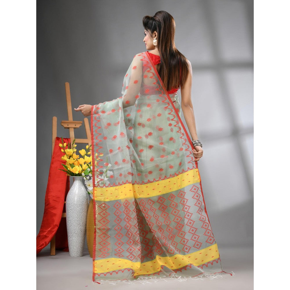 CHARUKRITI Pistachio Green Muslin Soft Jamdani Design Saree with Unstitched Blouse