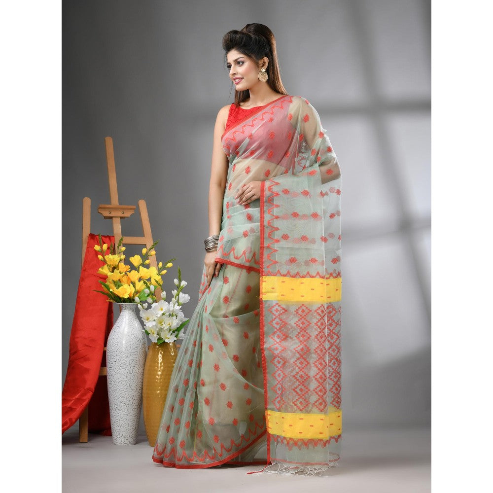 CHARUKRITI Pistachio Green Muslin Soft Jamdani Design Saree with Unstitched Blouse