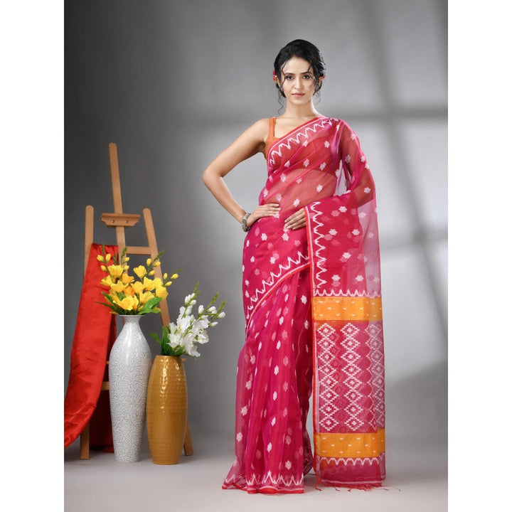 CHARUKRITI Magenta Muslin Soft Jamdani Design Saree with Unstitched Blouse