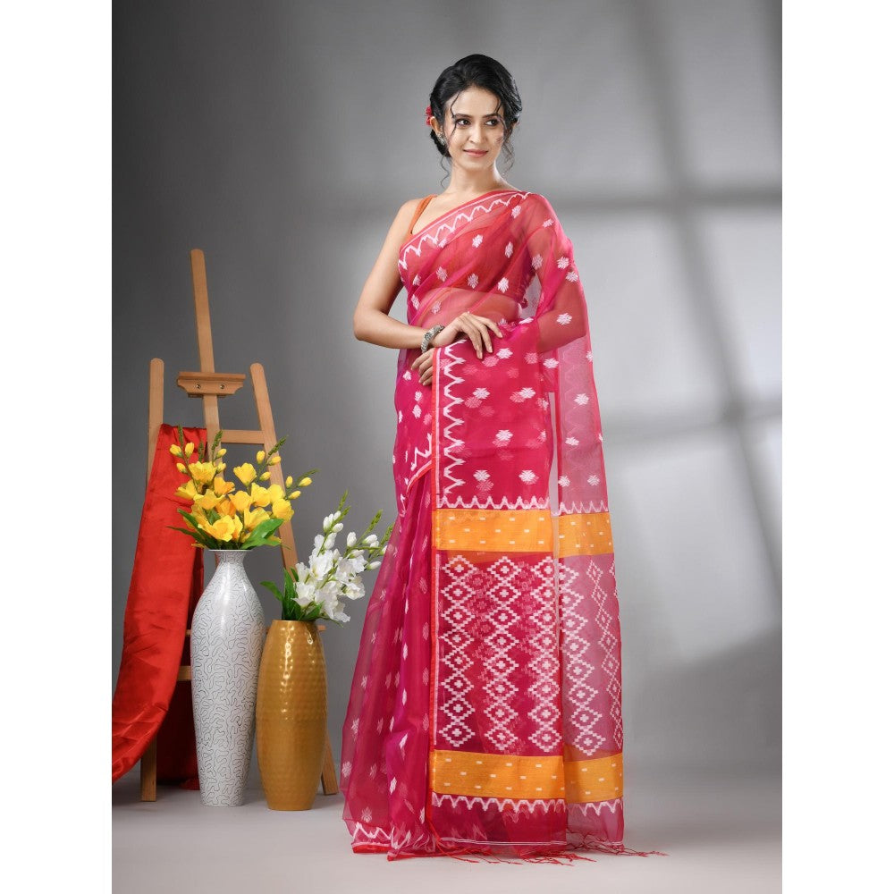 CHARUKRITI Magenta Muslin Soft Jamdani Design Saree with Unstitched Blouse