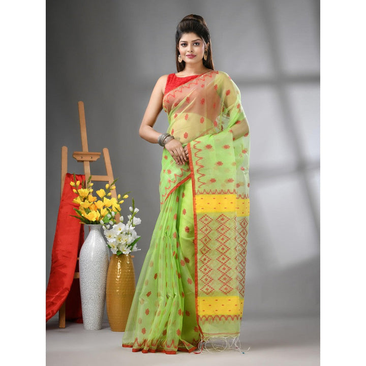 CHARUKRITI Light Green Muslin Soft Jamdani Design Saree with Unstitched Blouse