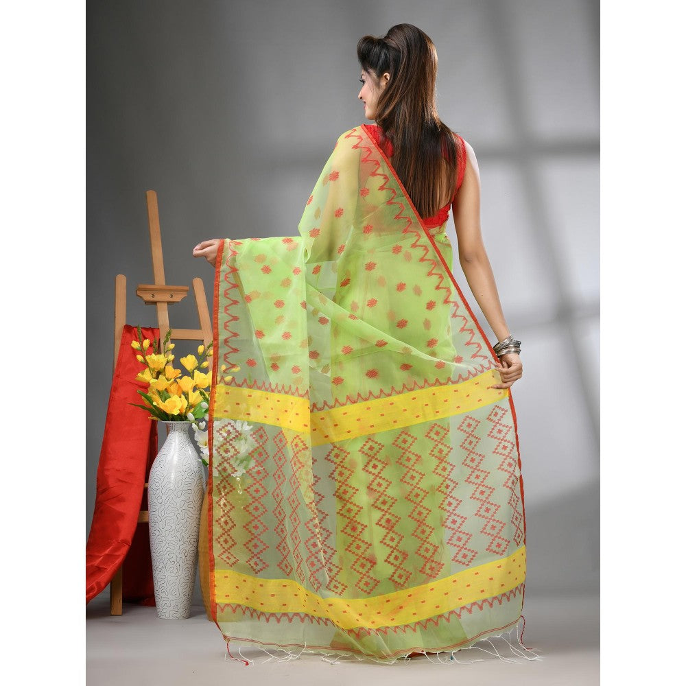 CHARUKRITI Light Green Muslin Soft Jamdani Design Saree with Unstitched Blouse