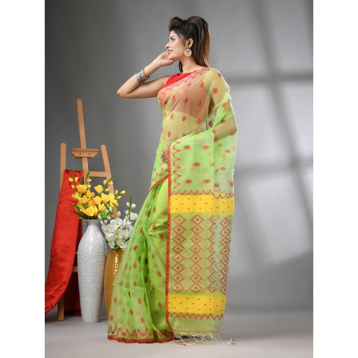 CHARUKRITI Light Green Muslin Soft Jamdani Design Saree with Unstitched Blouse