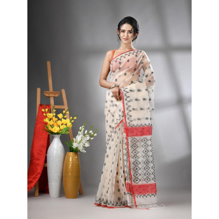 CHARUKRITI Off White Muslin Soft Jamdani Design Saree with Unstitched Blouse