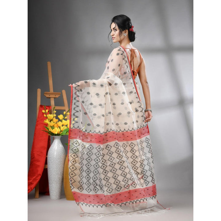 CHARUKRITI Off White Muslin Soft Jamdani Design Saree with Unstitched Blouse