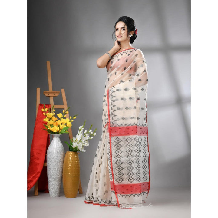 CHARUKRITI Off White Muslin Soft Jamdani Design Saree with Unstitched Blouse