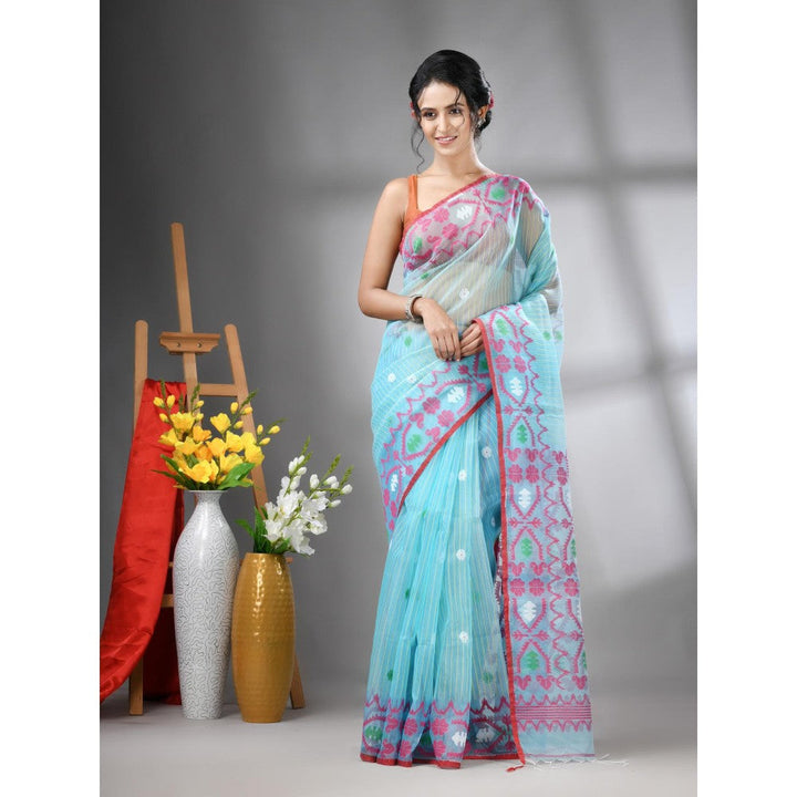 CHARUKRITI Sky Blue Kantha Stripes Muslin Soft Jamdani Design Saree with Unstitched Blouse