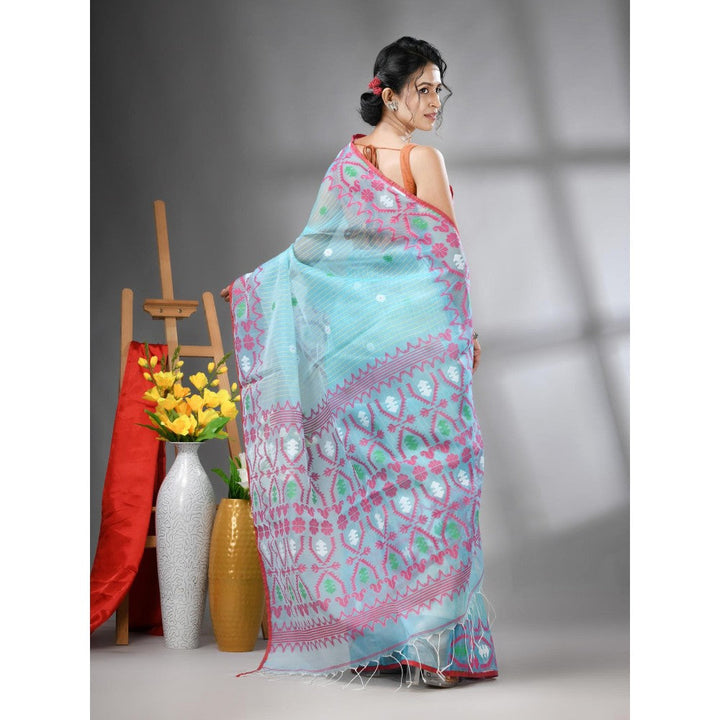 CHARUKRITI Sky Blue Kantha Stripes Muslin Soft Jamdani Design Saree with Unstitched Blouse