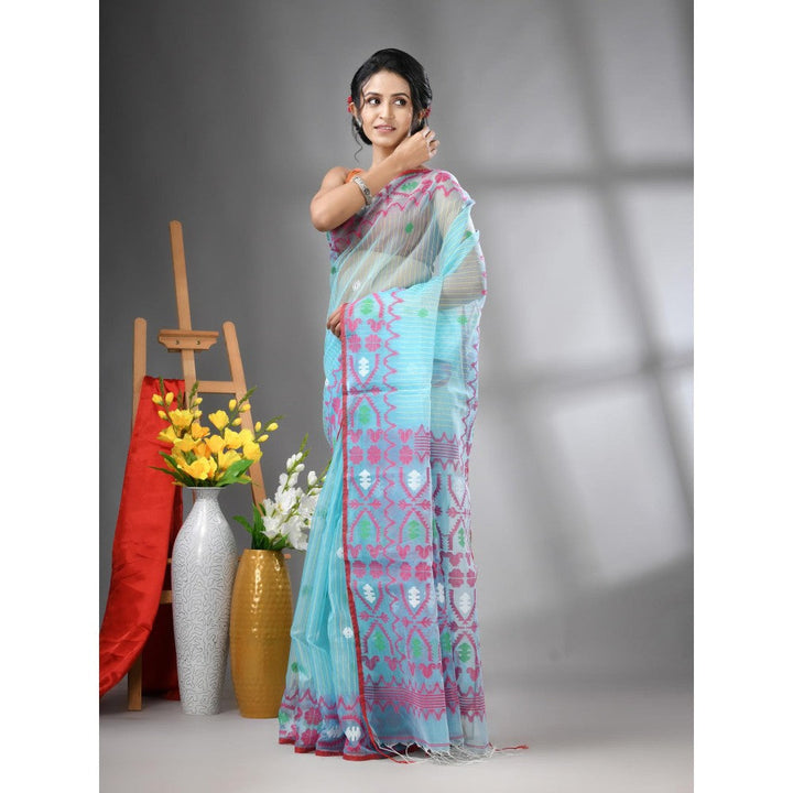 CHARUKRITI Sky Blue Kantha Stripes Muslin Soft Jamdani Design Saree with Unstitched Blouse