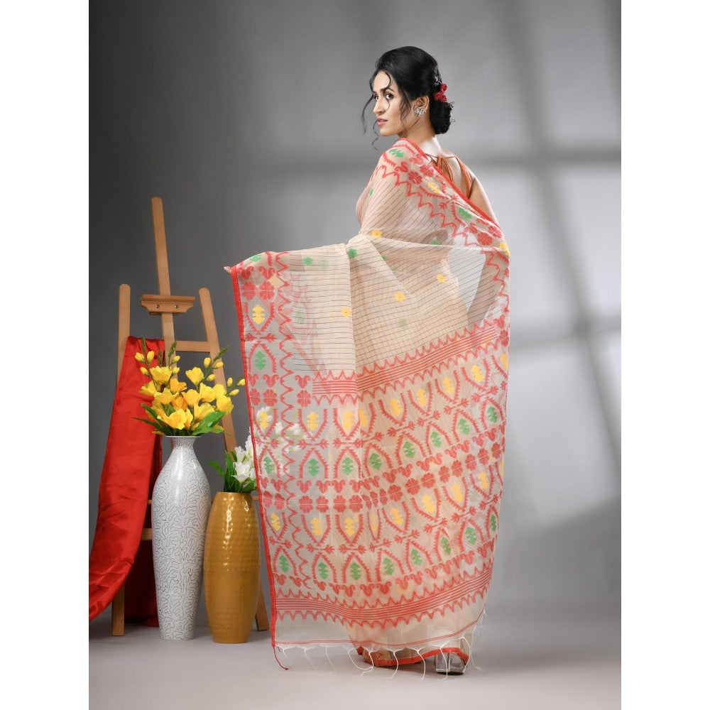 CHARUKRITI Cream Kantha Stripes Muslin Soft Jamdani Design Saree with Unstitched Blouse