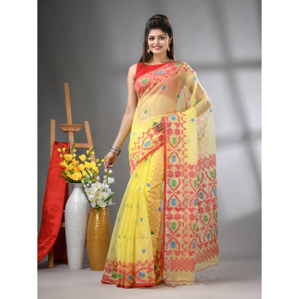 CHARUKRITI Yellow Kantha Stripes Muslin Soft Jamdani Design Saree with Unstitched Blouse