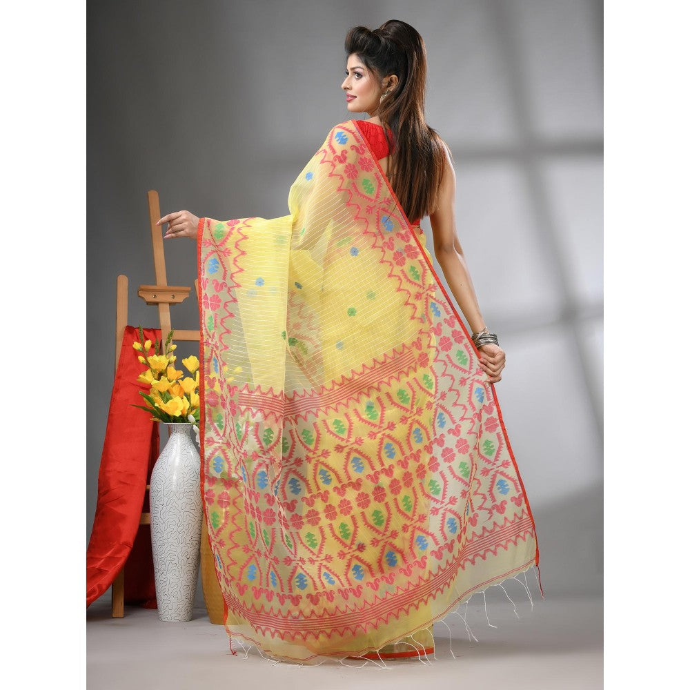 CHARUKRITI Yellow Kantha Stripes Muslin Soft Jamdani Design Saree with Unstitched Blouse