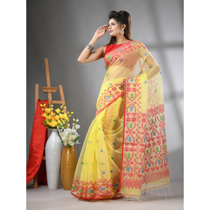 CHARUKRITI Yellow Kantha Stripes Muslin Soft Jamdani Design Saree with Unstitched Blouse