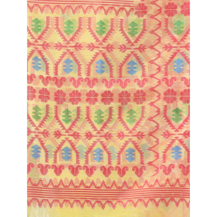 CHARUKRITI Yellow Kantha Stripes Muslin Soft Jamdani Design Saree with Unstitched Blouse