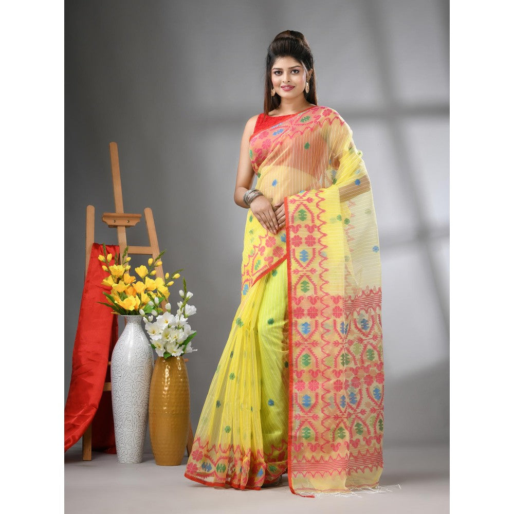 CHARUKRITI Yellow Kantha Stripes Muslin Soft Jamdani Design Saree with Unstitched Blouse