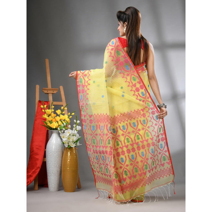 CHARUKRITI Yellow Kantha Stripes Muslin Soft Jamdani Design Saree with Unstitched Blouse