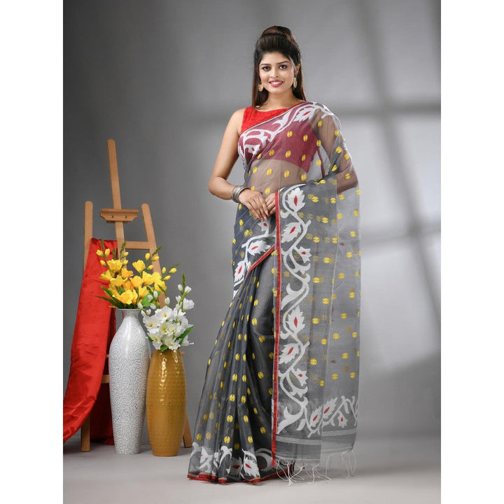 CHARUKRITI Grey Muslin Soft Jamdani Design Saree with Unstitched Blouse