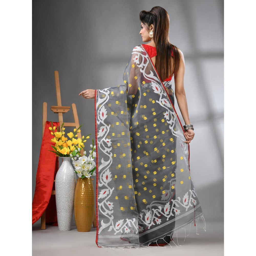 CHARUKRITI Grey Muslin Soft Jamdani Design Saree with Unstitched Blouse