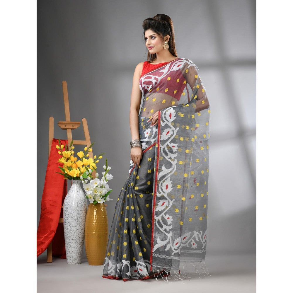 CHARUKRITI Grey Muslin Soft Jamdani Design Saree with Unstitched Blouse