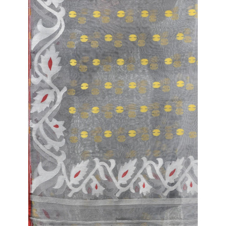 CHARUKRITI Grey Muslin Soft Jamdani Design Saree with Unstitched Blouse