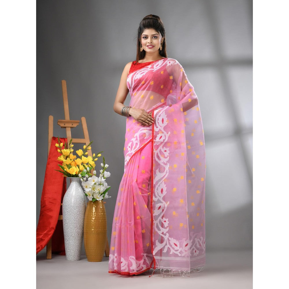 CHARUKRITI Baby Pink Muslin Soft Jamdani Design Saree with Unstitched Blouse