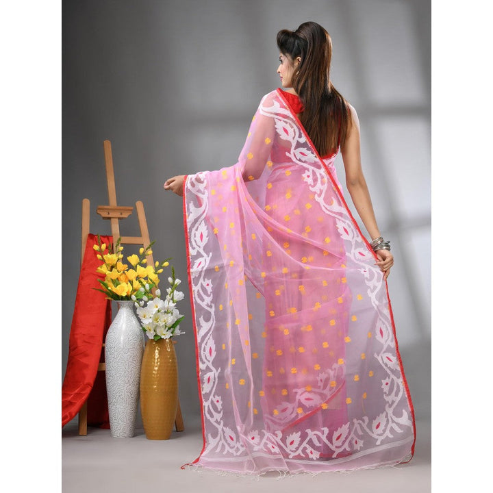 CHARUKRITI Baby Pink Muslin Soft Jamdani Design Saree with Unstitched Blouse