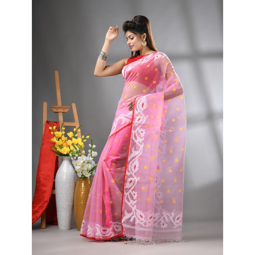 CHARUKRITI Baby Pink Muslin Soft Jamdani Design Saree with Unstitched Blouse