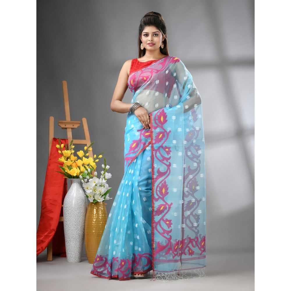 CHARUKRITI Sky Blue Muslin Soft Jamdani Design Saree with Unstitched Blouse