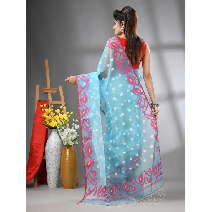 CHARUKRITI Sky Blue Muslin Soft Jamdani Design Saree with Unstitched Blouse