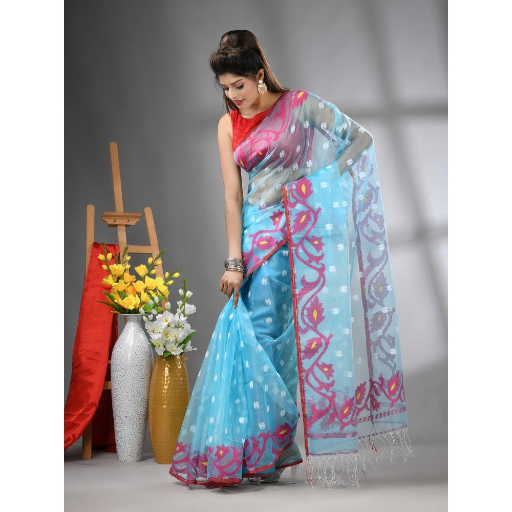 CHARUKRITI Sky Blue Muslin Soft Jamdani Design Saree with Unstitched Blouse