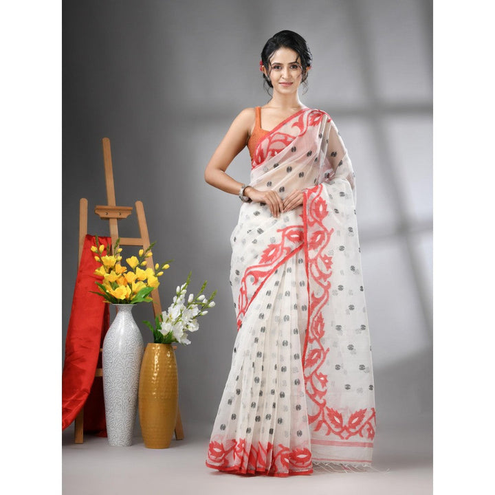 CHARUKRITI White Muslin Soft Jamdani Design Saree with Unstitched Blouse