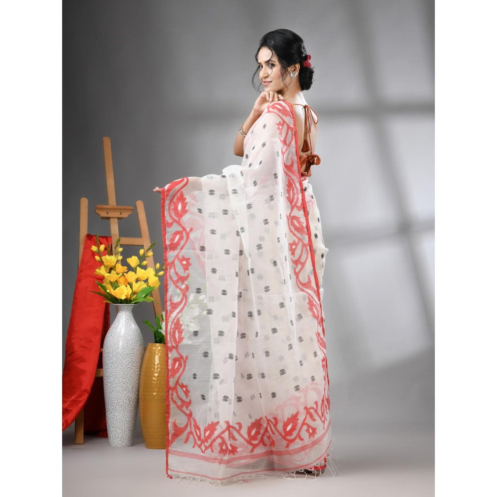 CHARUKRITI White Muslin Soft Jamdani Design Saree with Unstitched Blouse