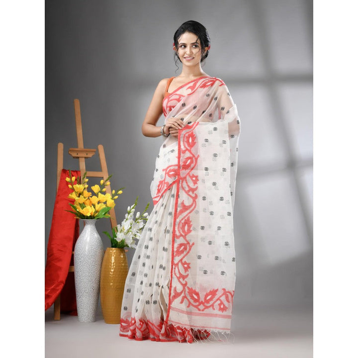 CHARUKRITI White Muslin Soft Jamdani Design Saree with Unstitched Blouse