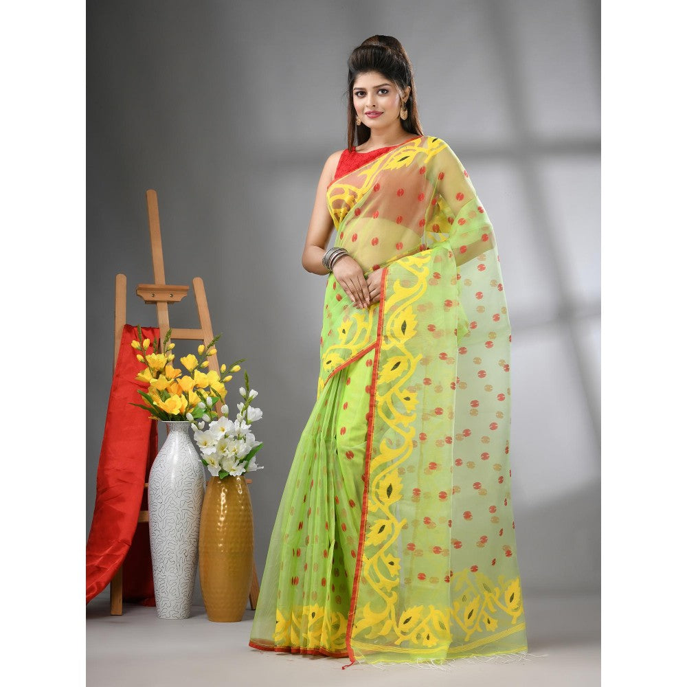 CHARUKRITI Light Green Muslin Soft Jamdani Design Saree with Unstitched Blouse